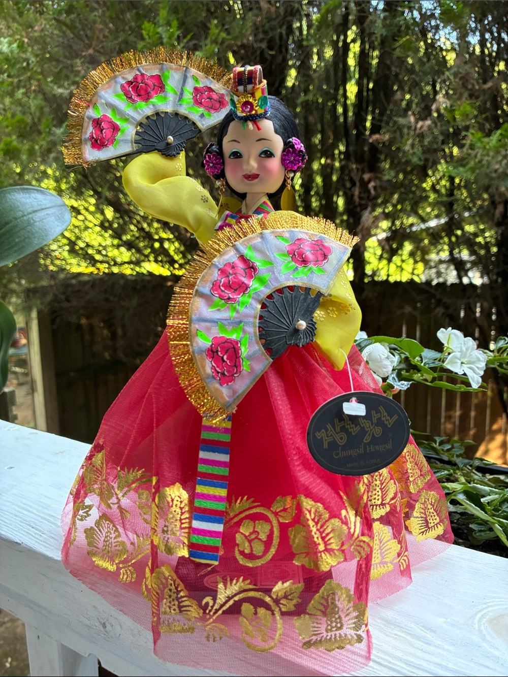 Traditional Korean Fan Dance Doll in Red and Yellow